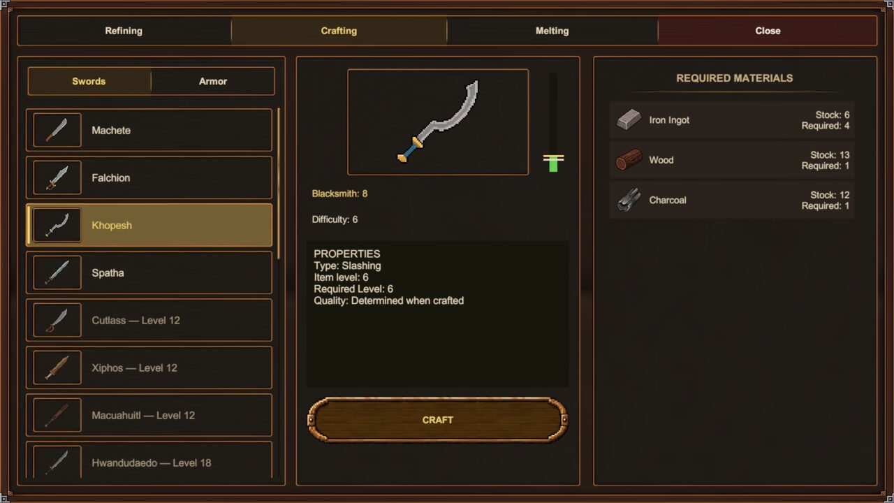Sword crafting screen with required materials