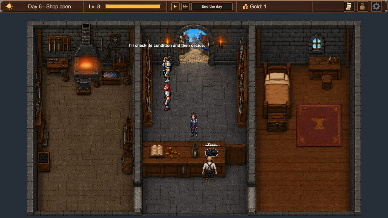 The blacksmith shop with forge, counter and customers